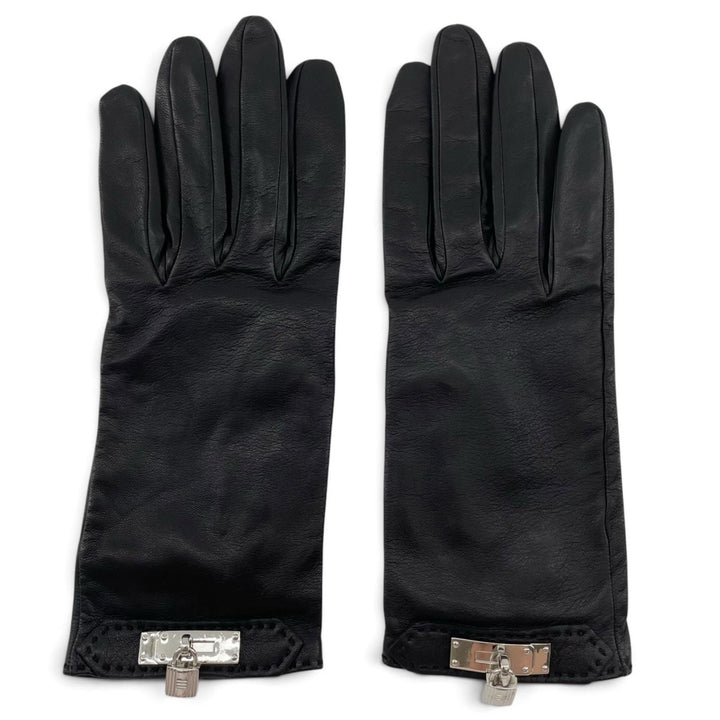 Great HERMES gloves SOYA Kelly Cadena Grove black lambskin Leather Women 7