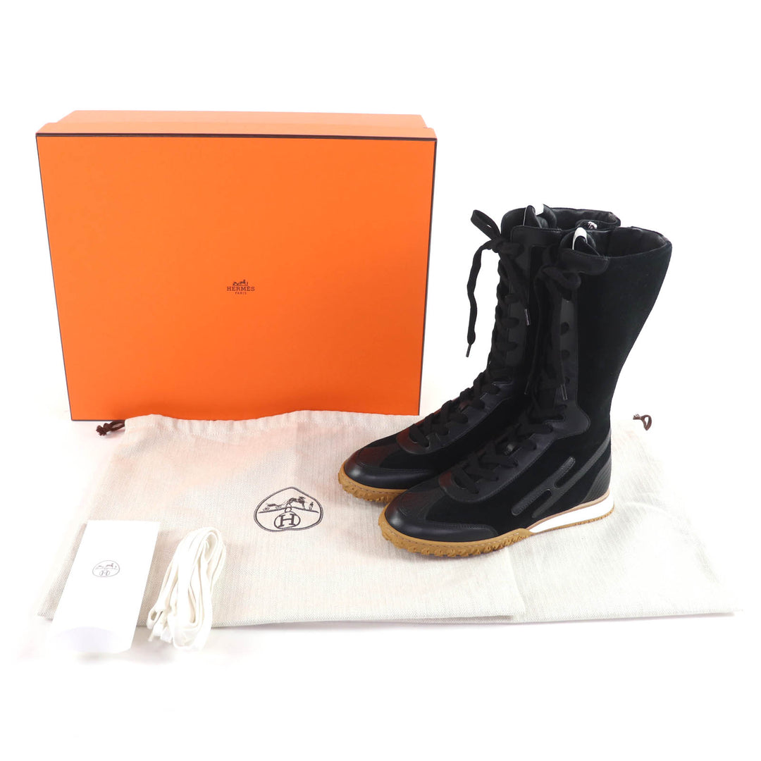 Pristine HERMES High cut sneakers Lace-up H logo side zip black Provence 36