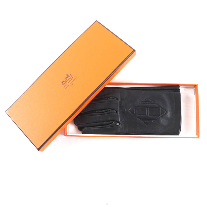 Great HERMES gloves H logo lambskin leather black Lamb leather Women 7.5