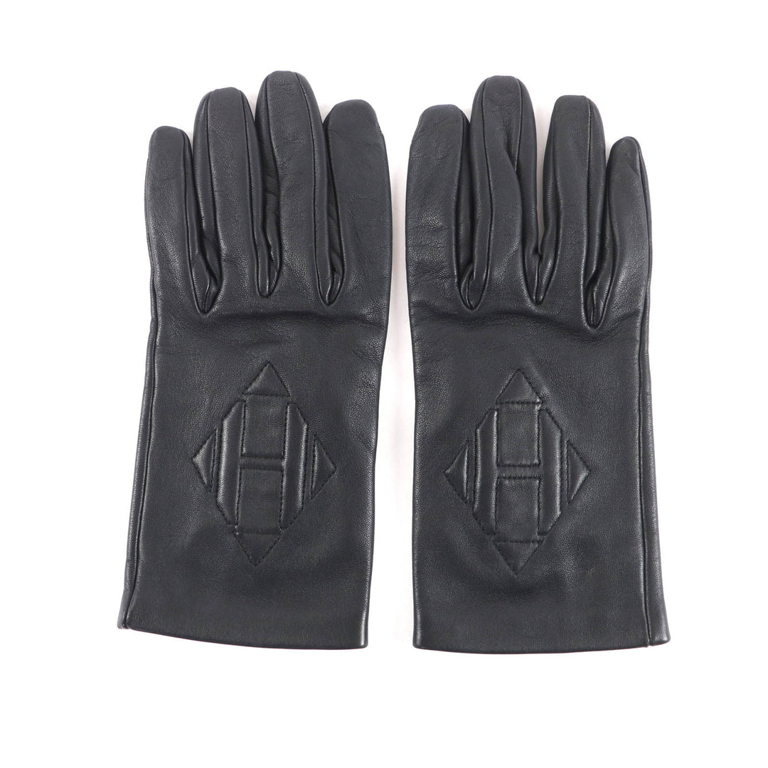Great HERMES gloves H logo lambskin leather black Lamb leather Women 7.5