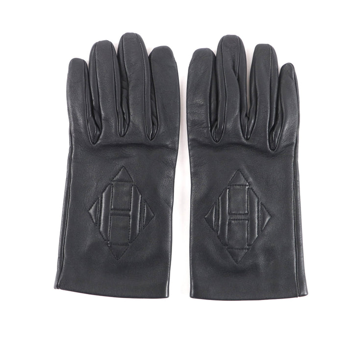 Great HERMES gloves H logo lambskin leather black Lamb leather Women 7.5