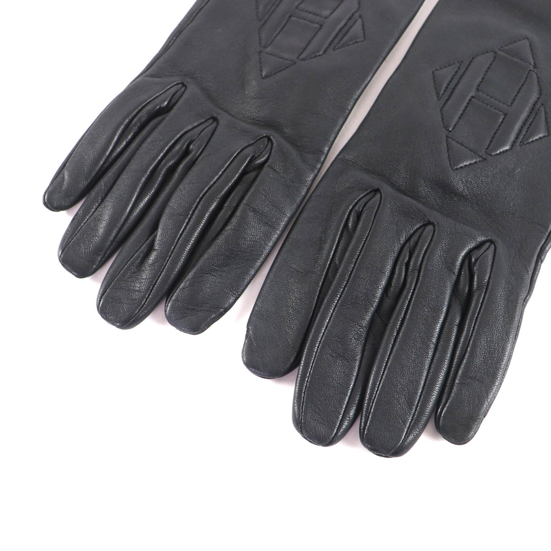 Great HERMES gloves H logo lambskin leather black Lamb leather Women 7.5