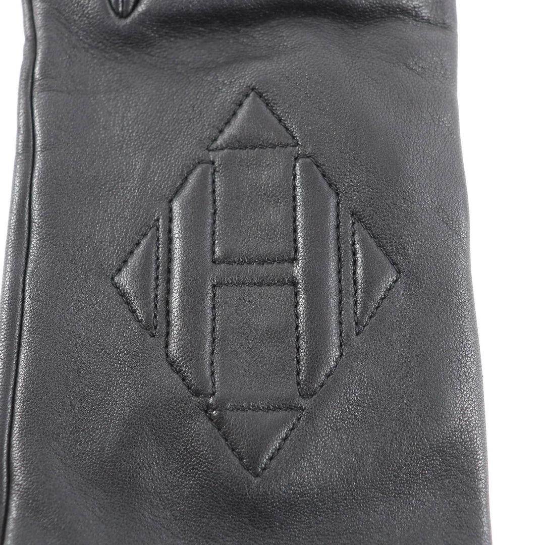 Great HERMES gloves H logo lambskin leather black Lamb leather Women 7.5