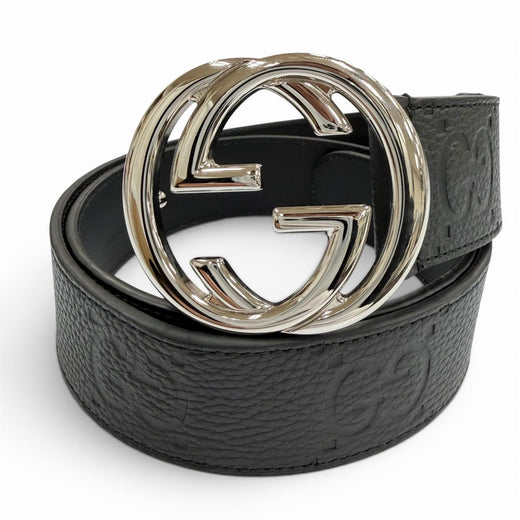 Great GUCCI belt GG pattern interlocking G black leather mens 794196