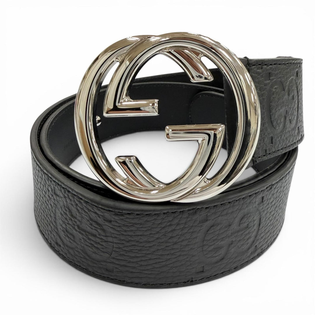 Great GUCCI belt GG pattern interlocking G black leather mens 794196