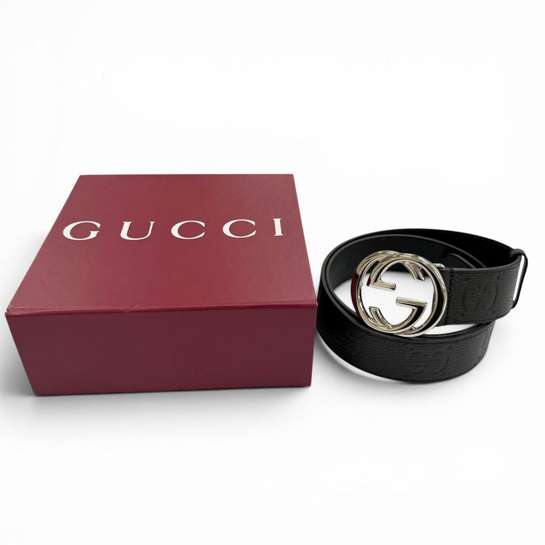 Great GUCCI belt GG pattern interlocking G black leather mens 794196