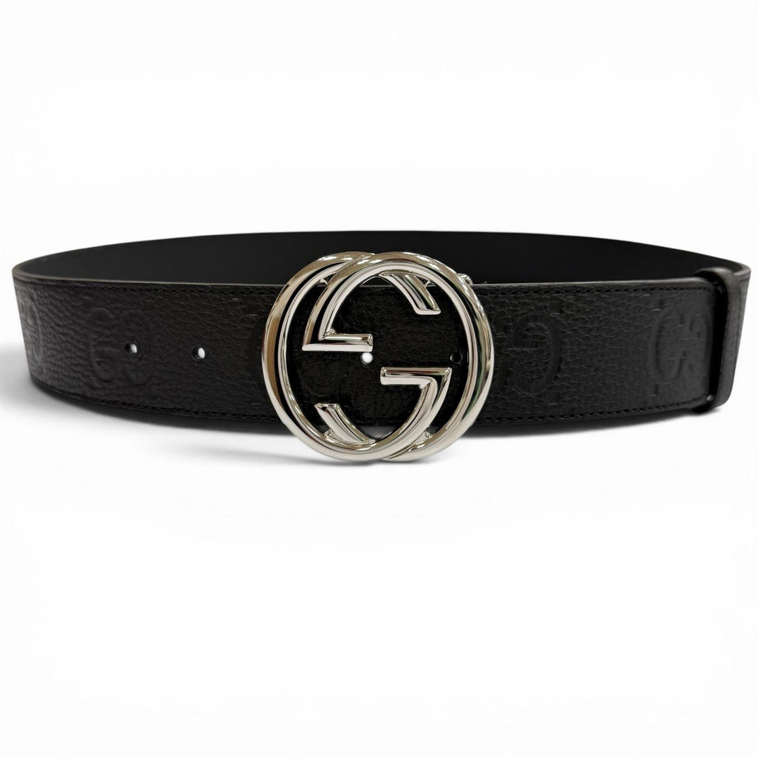 Great GUCCI belt GG pattern interlocking G black leather mens 794196