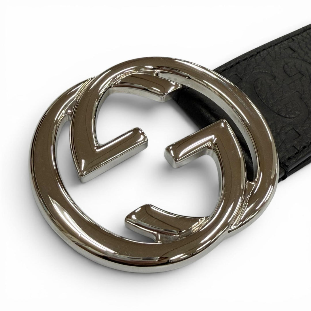 Great GUCCI belt GG pattern interlocking G black leather mens 794196
