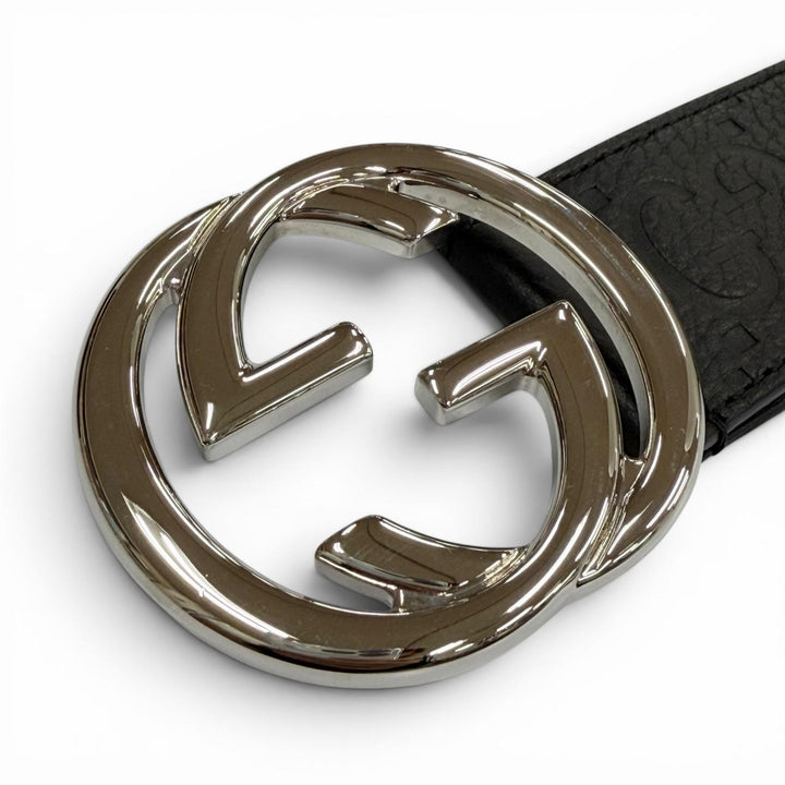 Great GUCCI belt GG pattern interlocking G black leather mens 794196