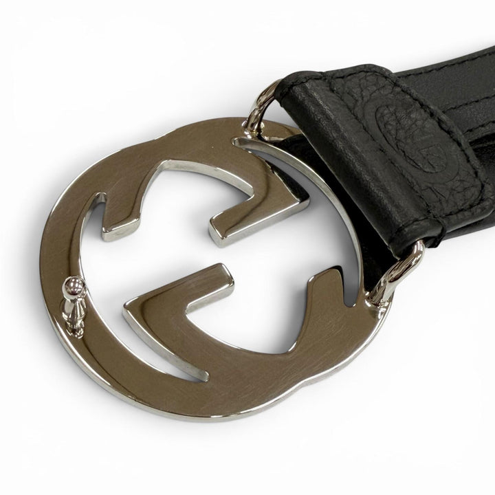 Great GUCCI belt GG pattern interlocking G black leather mens 794196