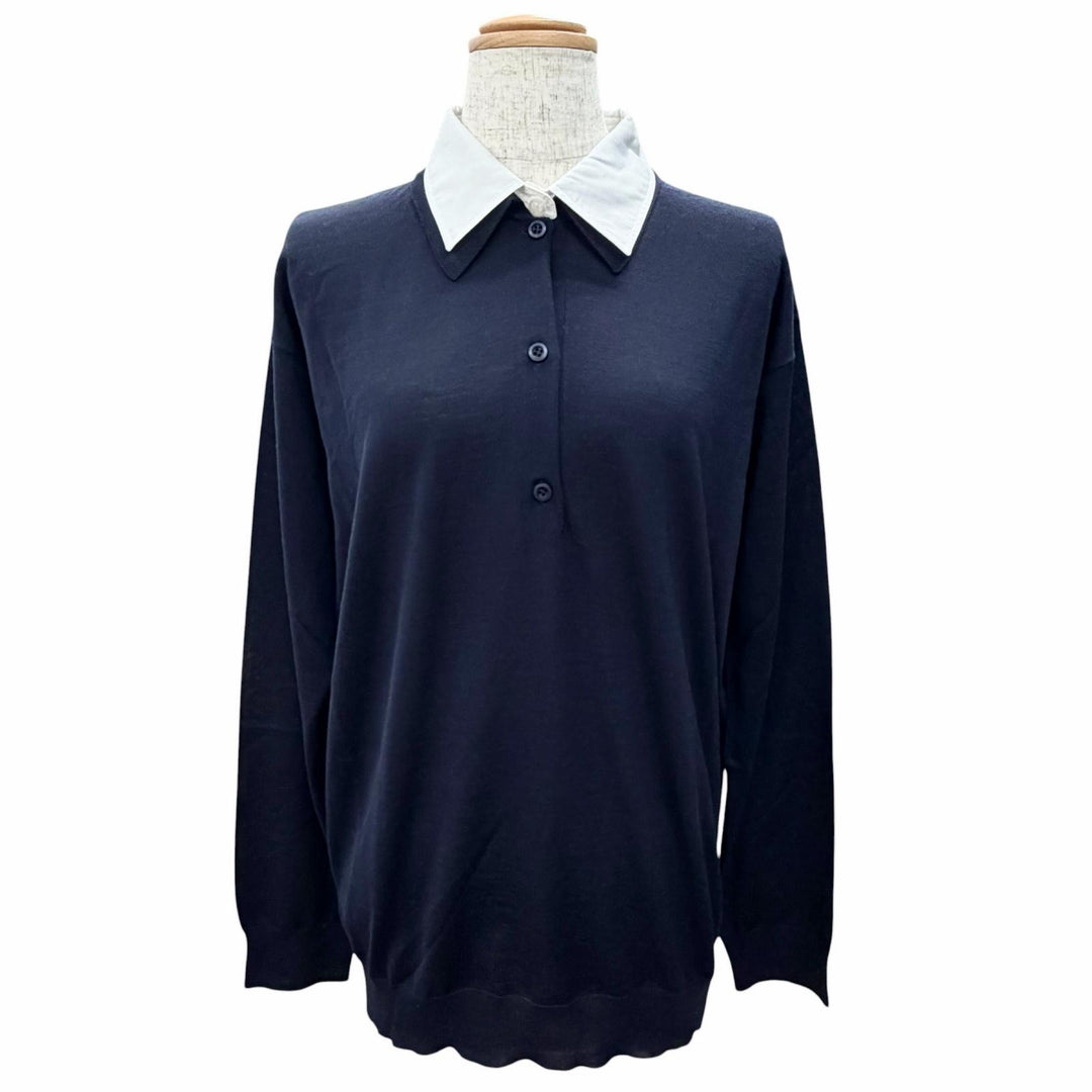 Pristine PRADA Collared 2-Way Knit Polo Shirt Top Navy Virgin wool 44 DNA00T