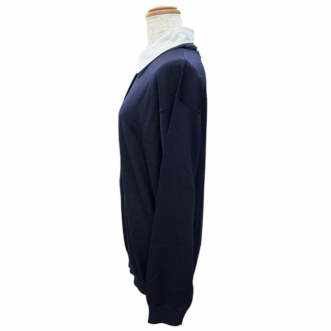Pristine PRADA Collared 2-Way Knit Polo Shirt Top Navy Virgin wool 44 DNA00T