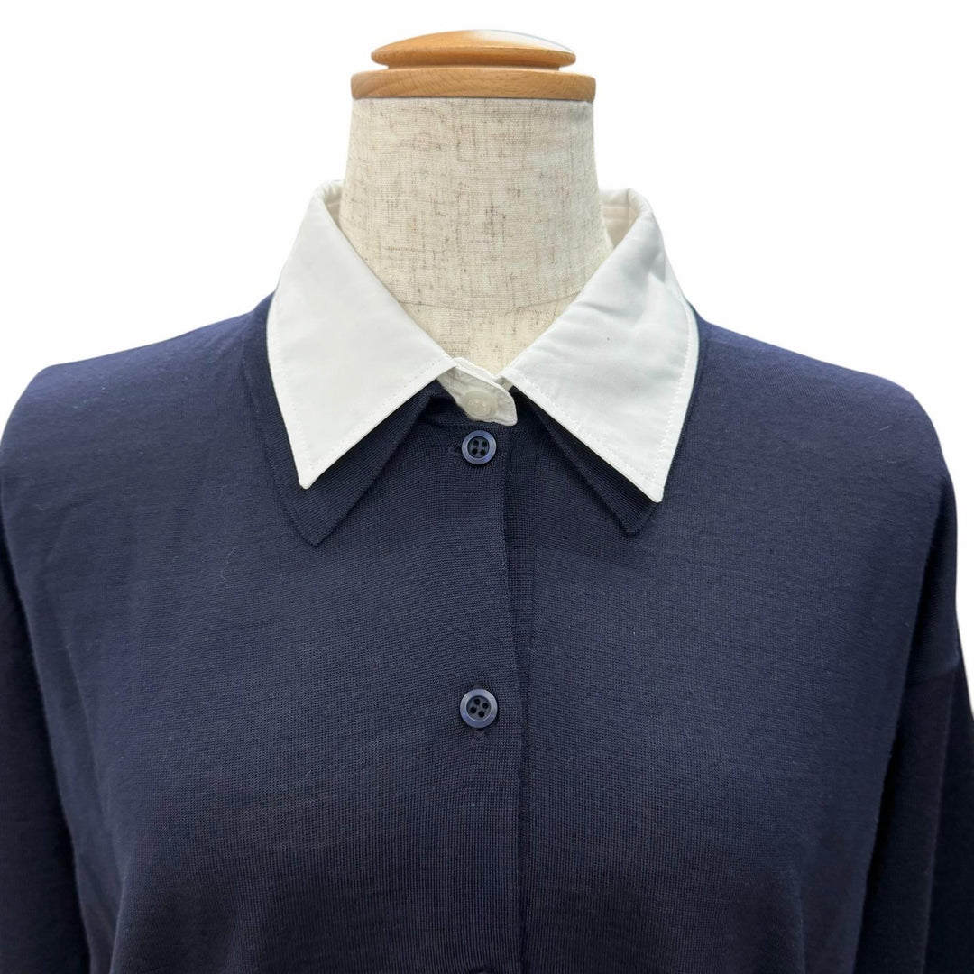 Pristine PRADA Collared 2-Way Knit Polo Shirt Top Navy Virgin wool 44 DNA00T
