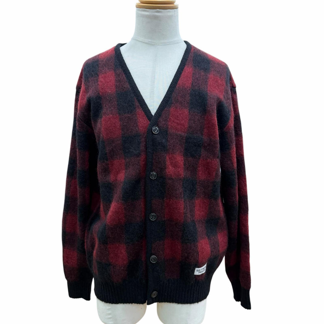 Excellent WACKO MARIA cardigan Check Pattern V-Neck Knit Red mohair mens L