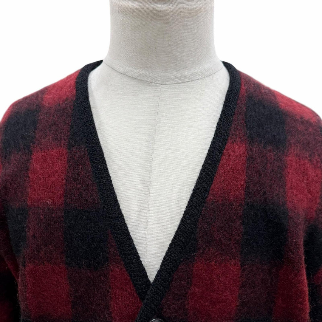 Excellent WACKO MARIA cardigan Check Pattern V-Neck Knit Red mohair mens L