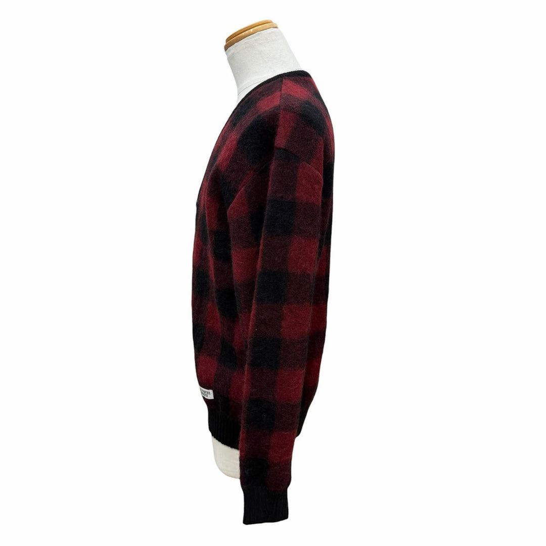 Excellent WACKO MARIA cardigan Check Pattern V-Neck Knit Red mohair mens L