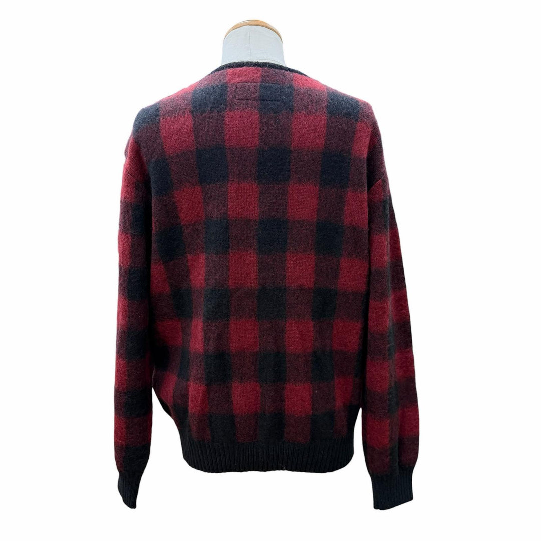 Excellent WACKO MARIA cardigan Check Pattern V-Neck Knit Red mohair mens L