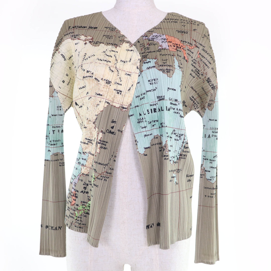 Excellent PLEATS PLEASE cardigan World Map gray polyester Women 3 PP81-J0594