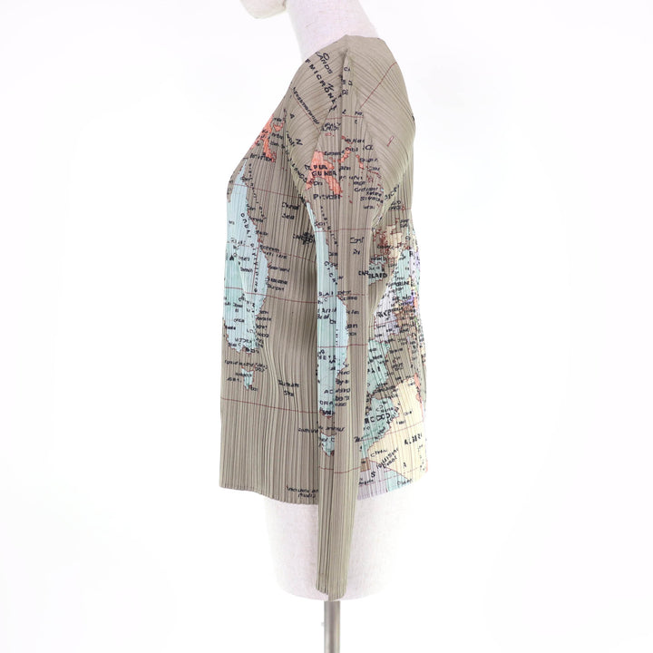 Excellent PLEATS PLEASE cardigan World Map gray polyester Women 3 PP81-J0594