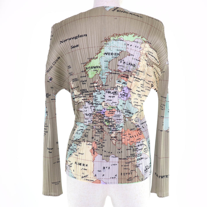 Excellent PLEATS PLEASE cardigan World Map gray polyester Women 3 PP81-J0594
