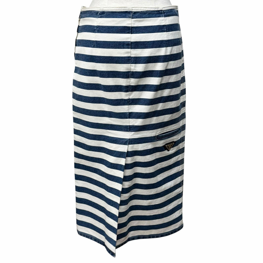 Excellent PRADA skirt Triangle logo striped denim white cotton Women 38 GFD160