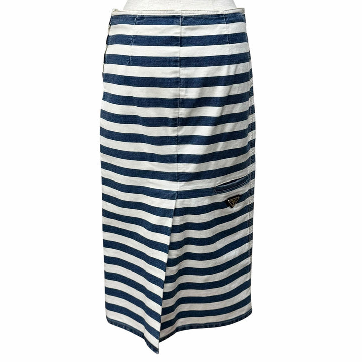 Excellent PRADA skirt Triangle logo striped denim white cotton Women 38 GFD160