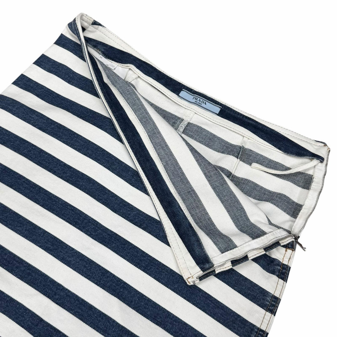 Excellent PRADA skirt Triangle logo striped denim white cotton Women 38 GFD160