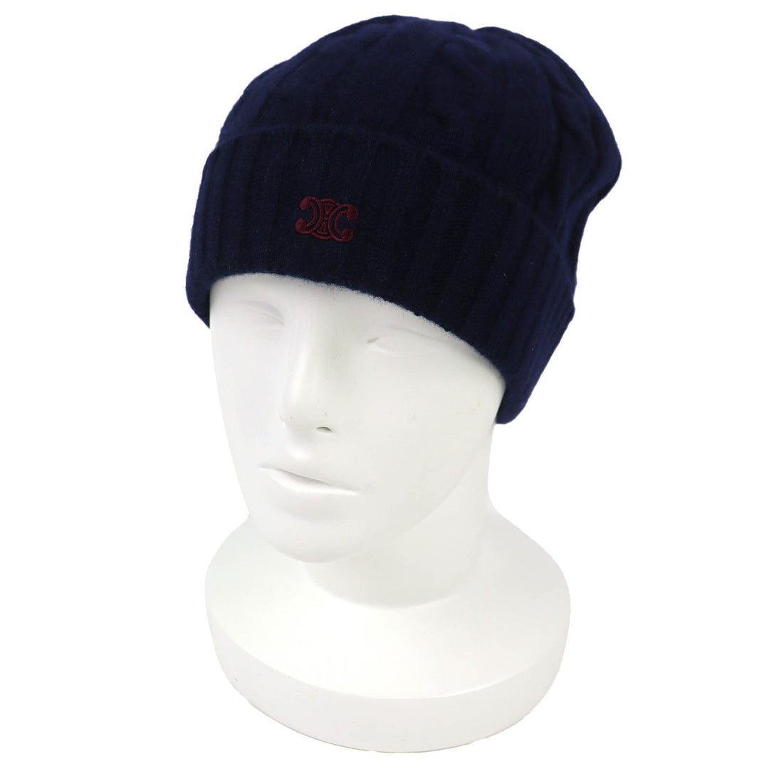 Pristine CELINE Knit cap Triomphe cable knit beanie Navy cashmere mens 2AE0L362W