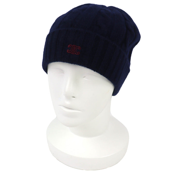 Pristine CELINE Knit cap Triomphe cable knit beanie Navy cashmere mens 2AE0L362W