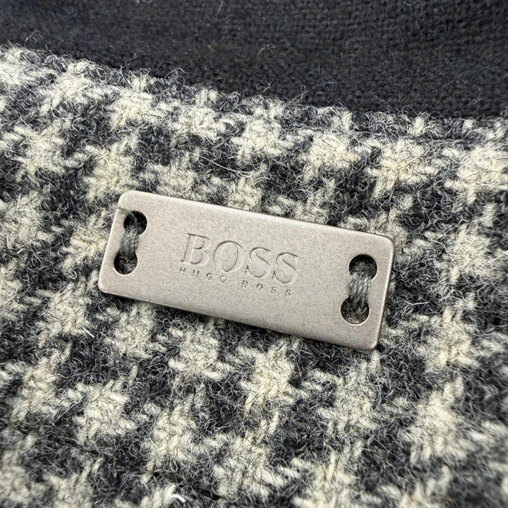 Excellent HUGO BOSS coat Tweed houndstooth pattern with logo Gray wool mens 46