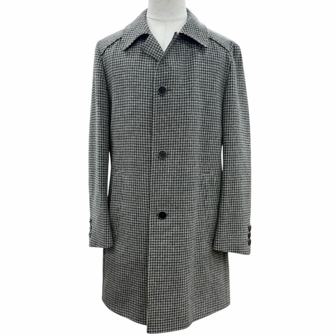 Excellent HUGO BOSS coat Tweed houndstooth pattern with logo Gray wool mens 46