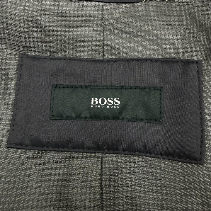 Excellent HUGO BOSS coat Tweed houndstooth pattern with logo Gray wool mens 46
