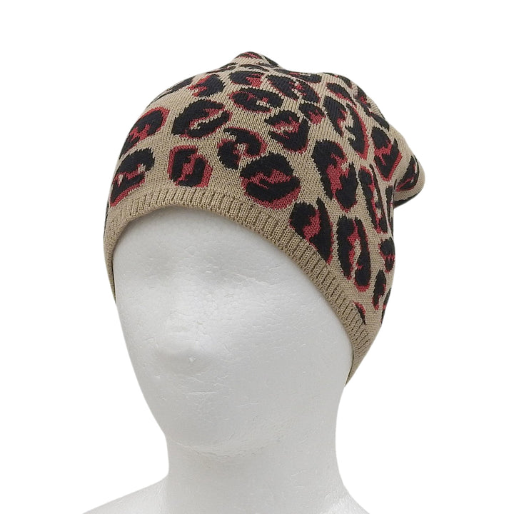 Excellent FENDI Knit cap FF logo leopard beige wool Women FXQ538