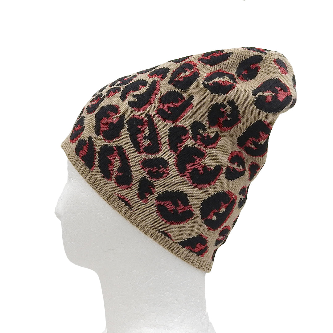 Excellent FENDI Knit cap FF logo leopard beige wool Women FXQ538
