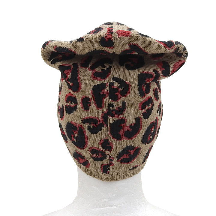 Excellent FENDI Knit cap FF logo leopard beige wool Women FXQ538
