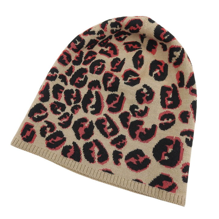 Excellent FENDI Knit cap FF logo leopard beige wool Women FXQ538