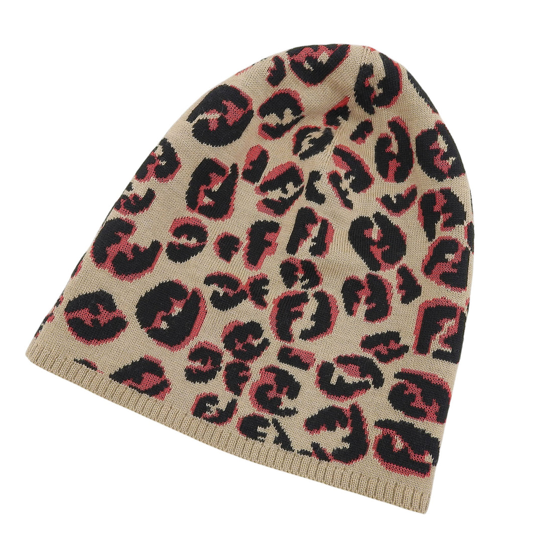 Excellent FENDI Knit cap FF logo leopard beige wool Women FXQ538