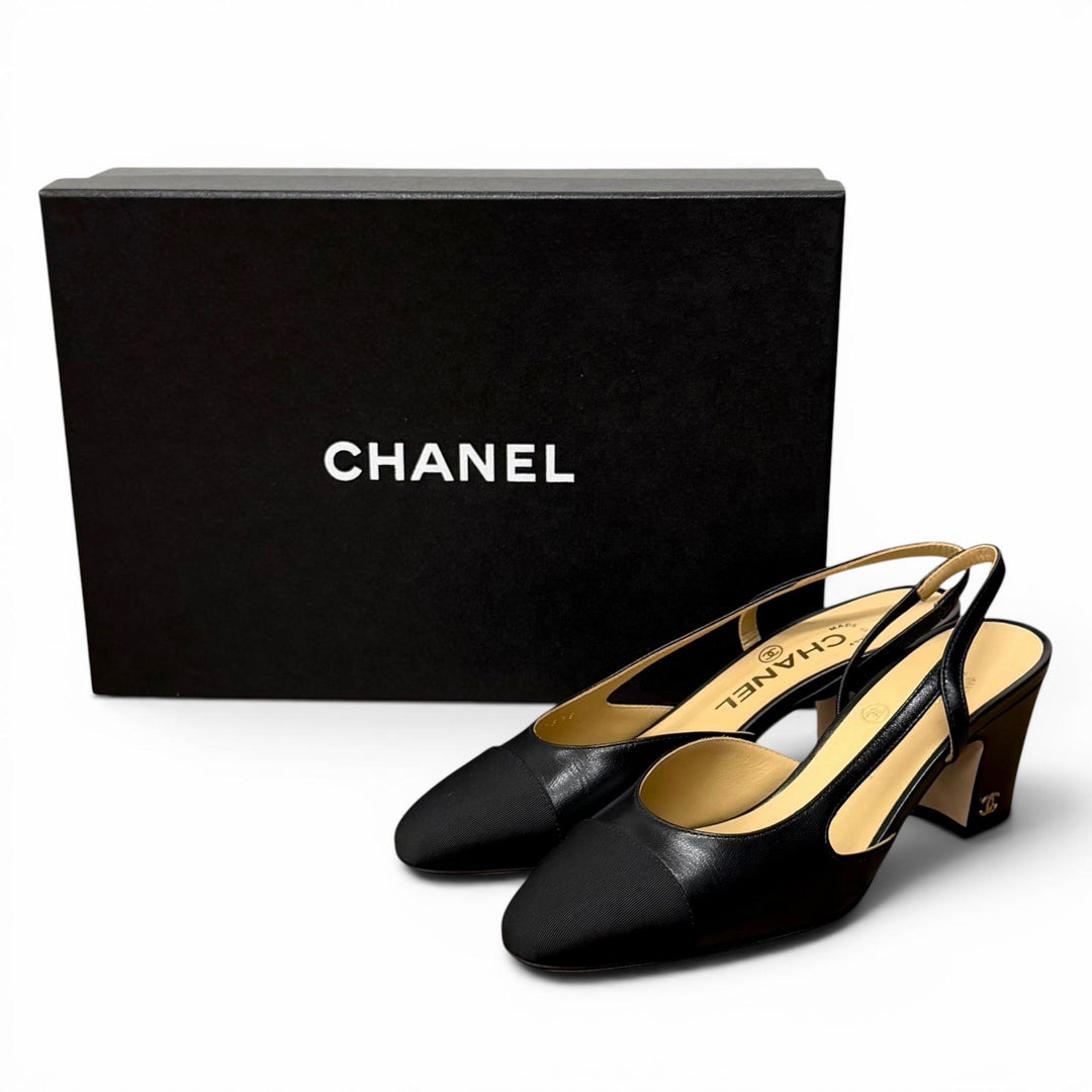 Excellent CHANEL pumps COCO MarkMetal Slingback Strap Leather 35.5 G31318