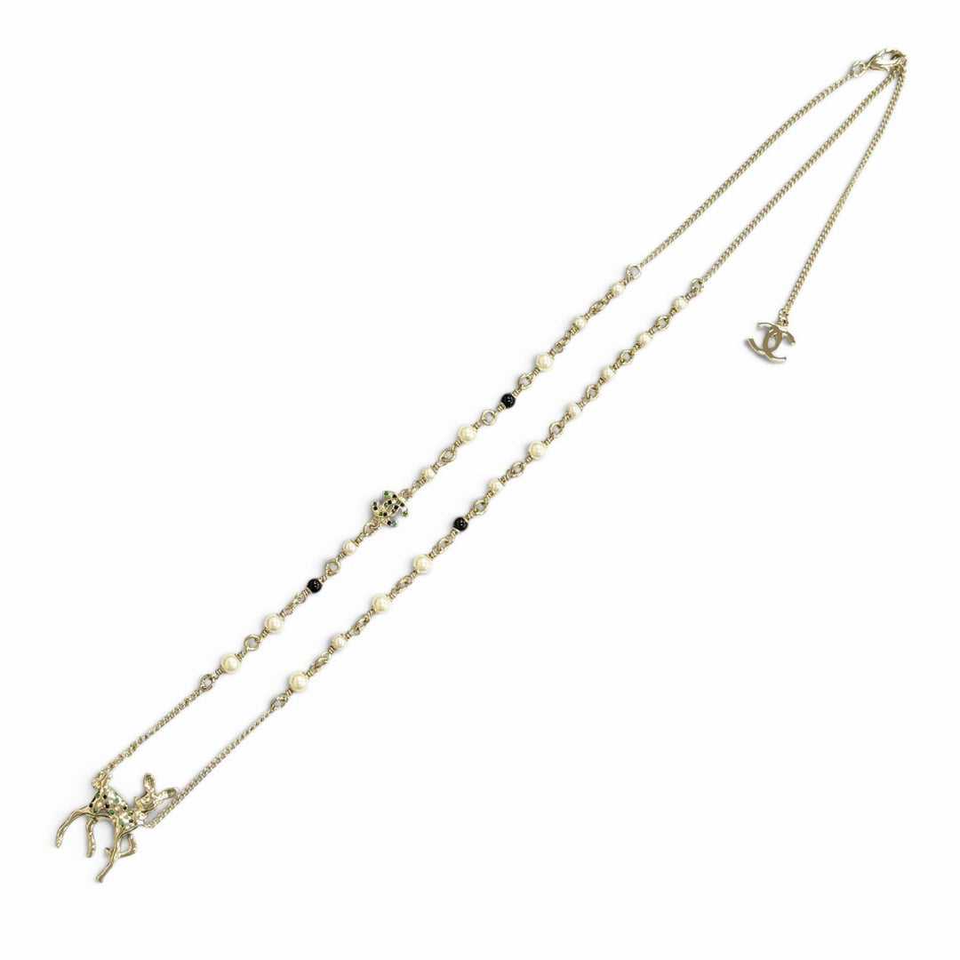 Pristine CHANEL Necklace Bambi COCO Mark Rhinestone Faux Pearl gold Women G26C