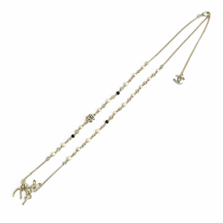 Pristine CHANEL Necklace Bambi COCO Mark Rhinestone Faux Pearl gold Women G26C