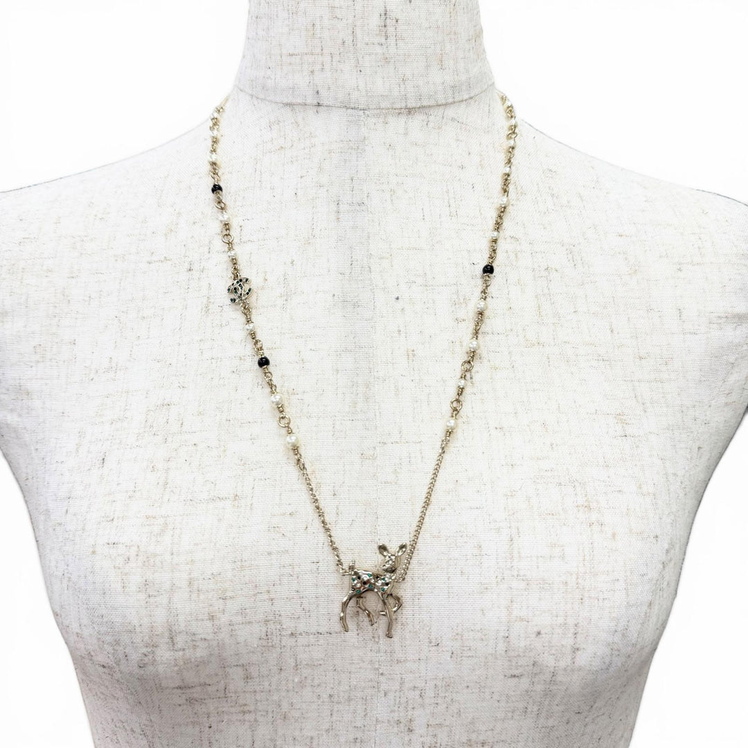 Pristine CHANEL Necklace Bambi COCO Mark Rhinestone Faux Pearl gold Women G26C