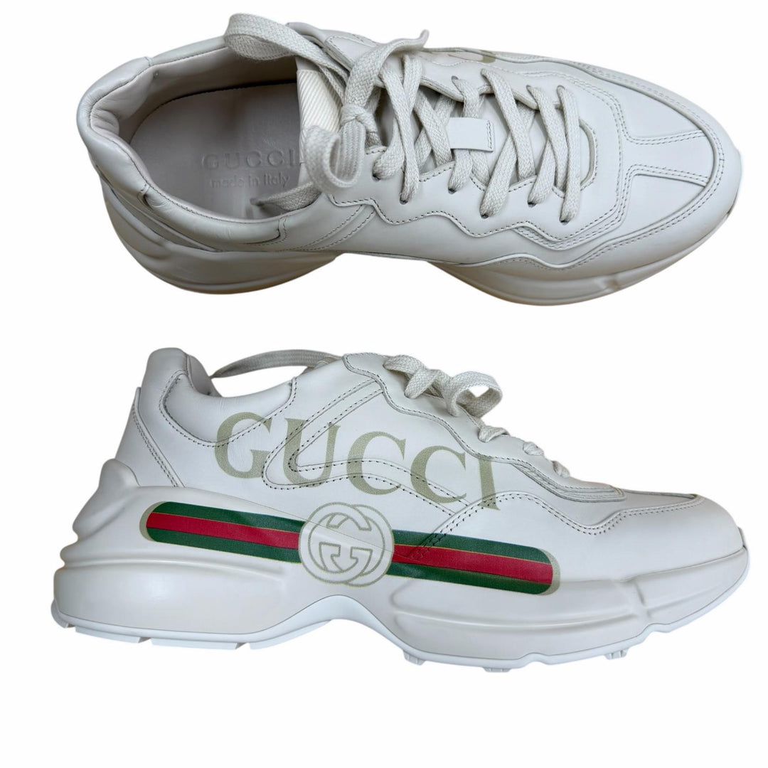 Excellent GUCCI sneakers Lighton Interlocking G beige leather mens 6.5 500877