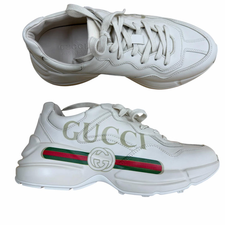 Excellent GUCCI sneakers Lighton Interlocking G beige leather mens 6.5 500877