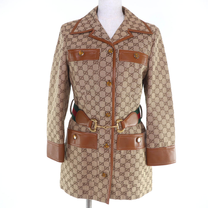 Pristine GUCCI Jacket Horsebit Metal Belt with GG Canvas Brown Women 38 682302