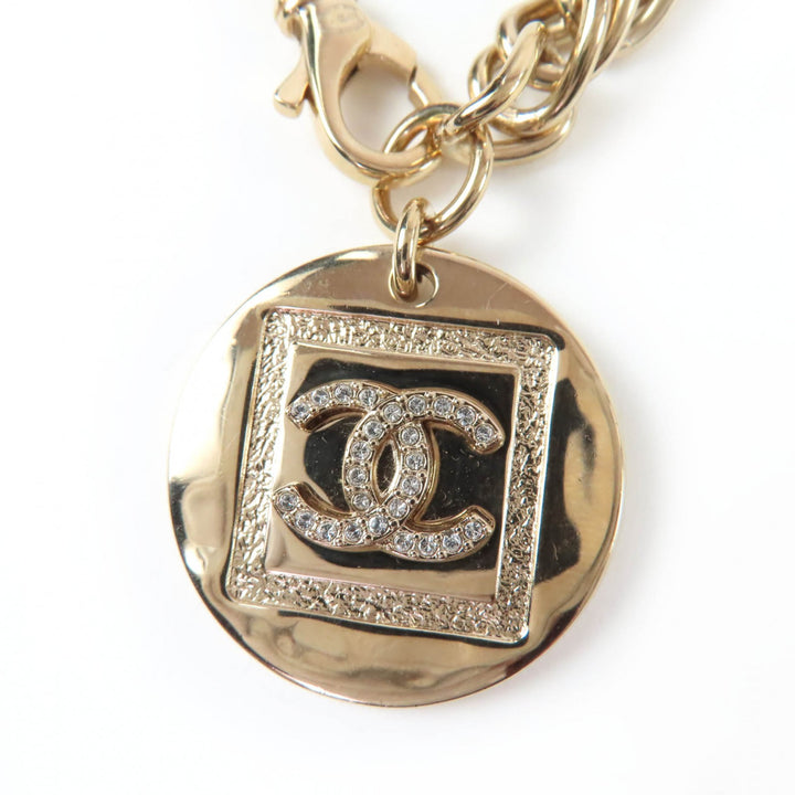 Great CHANEL Necklace COCO Mark Rhinestone Coin gold metal Women B23P