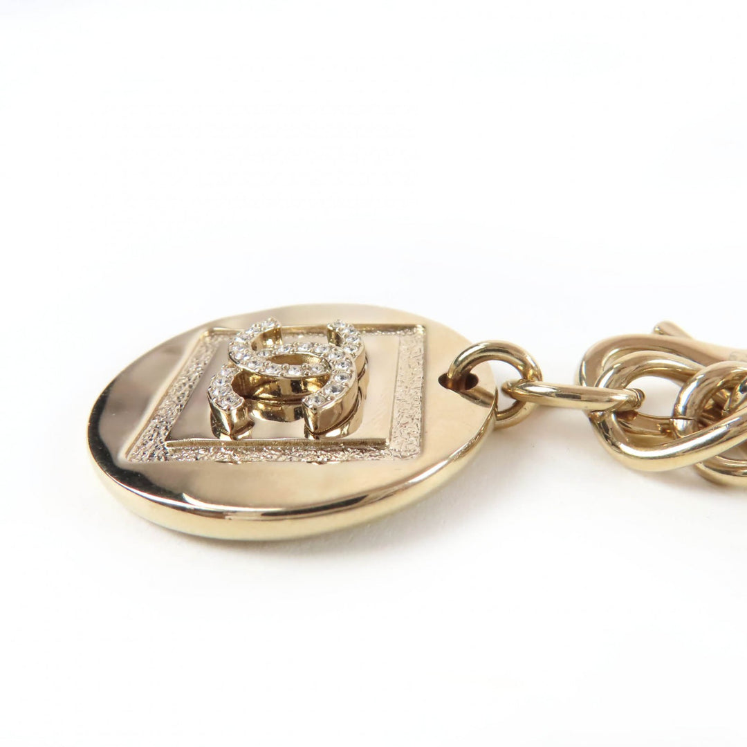 Great CHANEL Necklace COCO Mark Rhinestone Coin gold metal Women B23P