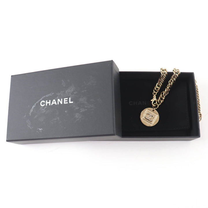 Great CHANEL Necklace COCO Mark Rhinestone Coin gold metal Women B23P
