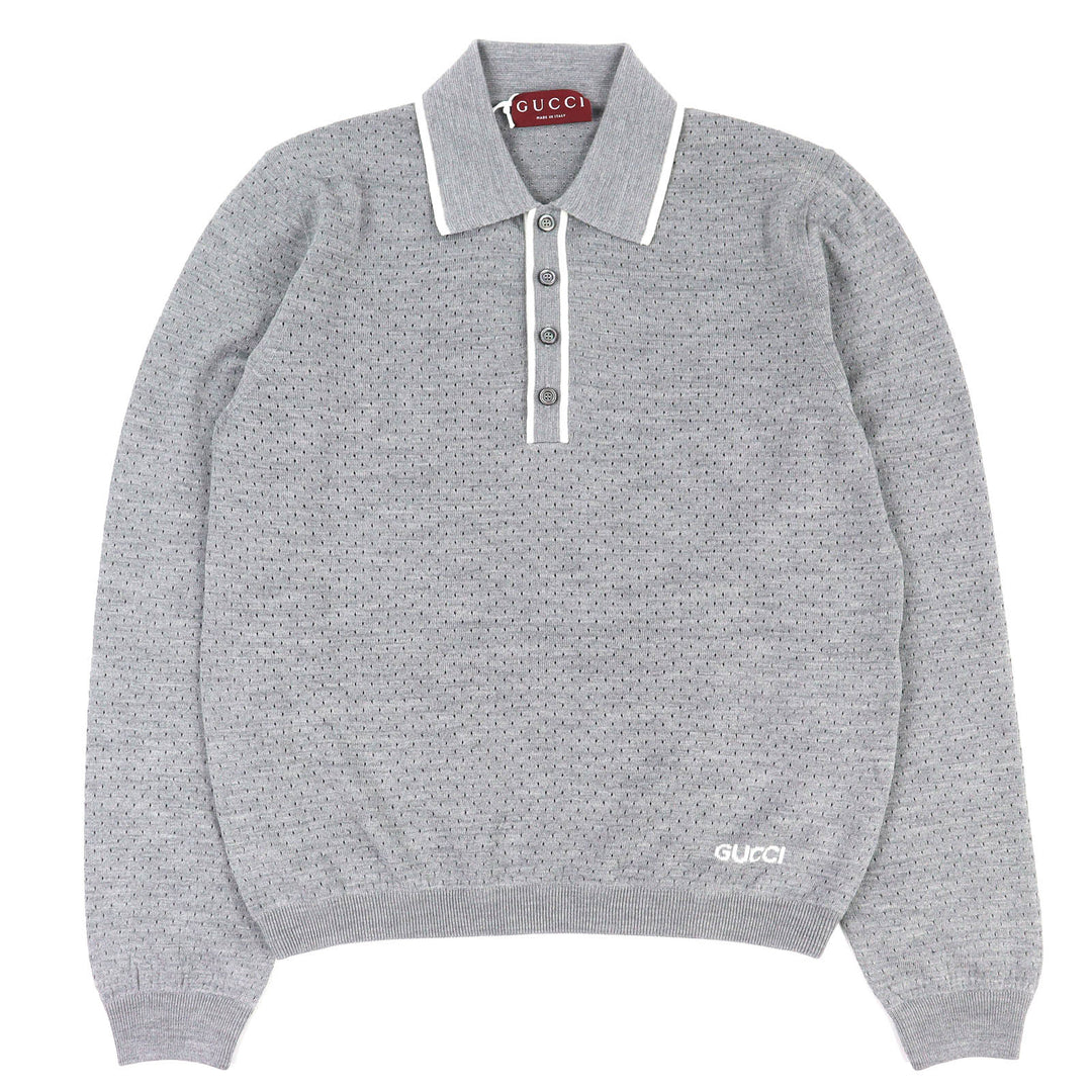 Pristine GUCCI Long sleeve polo shirt Logo knit gray wool mens M 824573