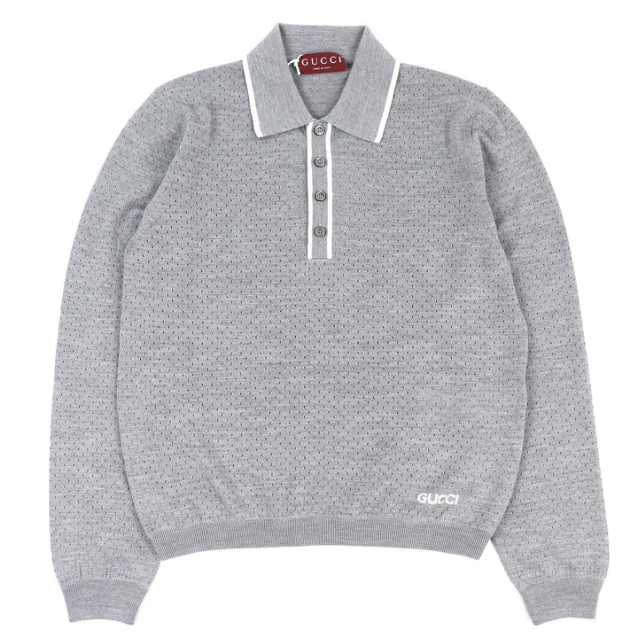 Pristine GUCCI Long sleeve polo shirt Logo knit gray wool mens M 824573