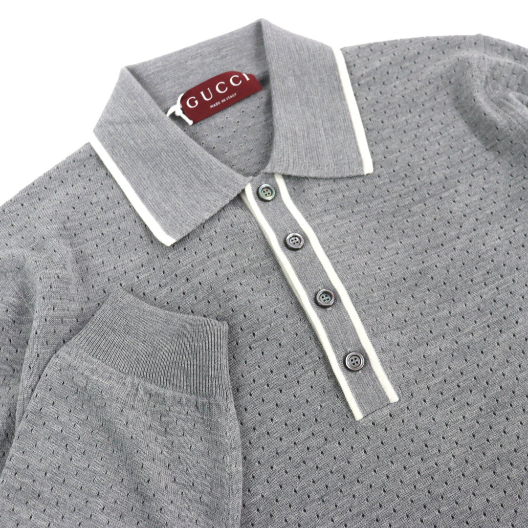 Pristine GUCCI Long sleeve polo shirt Logo knit gray wool mens M 824573